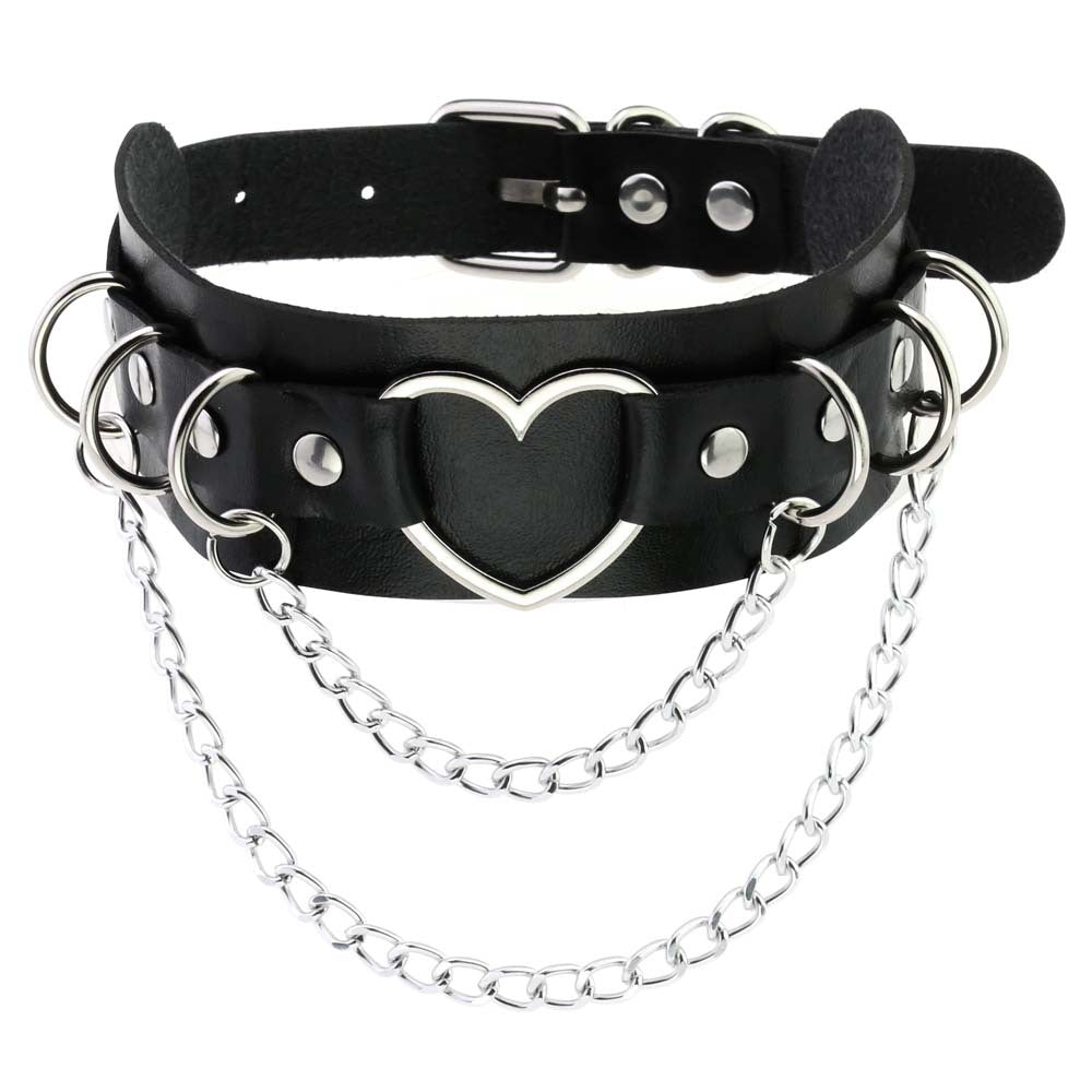 Punk Lovers Punk Double Layer Heart PU Necklace Chain Choker in Black