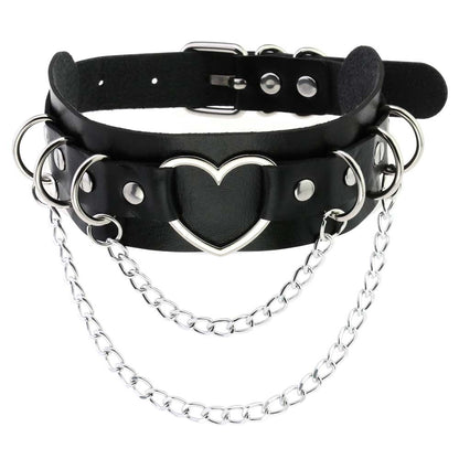 Punk Lovers Punk Double Layer Heart PU Necklace Chain Choker in Black