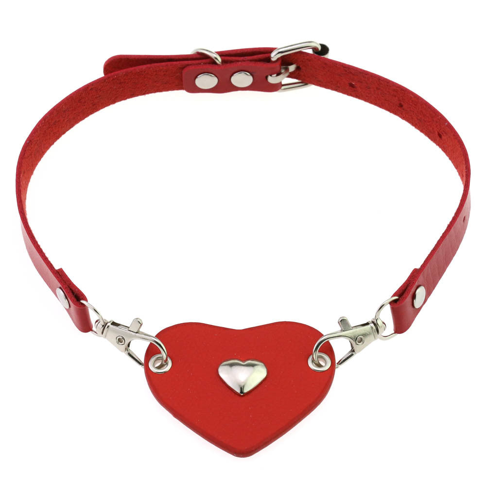 Punk Lovers Heart Pendant Leather Necklace Choker in Red