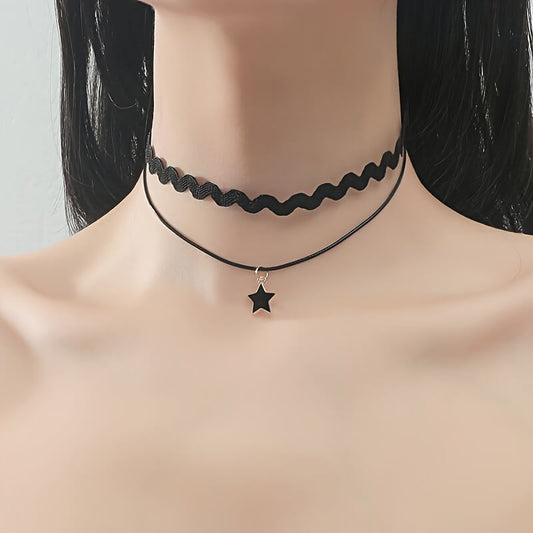 Vintage Gothic Star Pendant Necklace with Black Chain