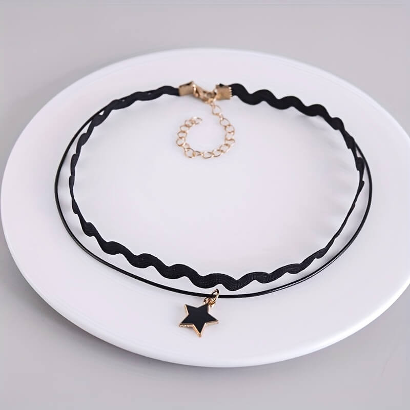 Vintage Gothic Star Pendant Necklace with Black Chain