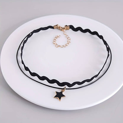 Vintage Gothic Star Pendant Necklace with Black Chain