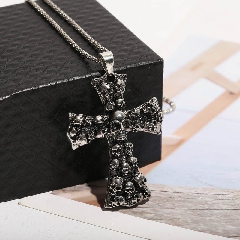 Men's Punk Large Skulls Cross Pendant Necklace