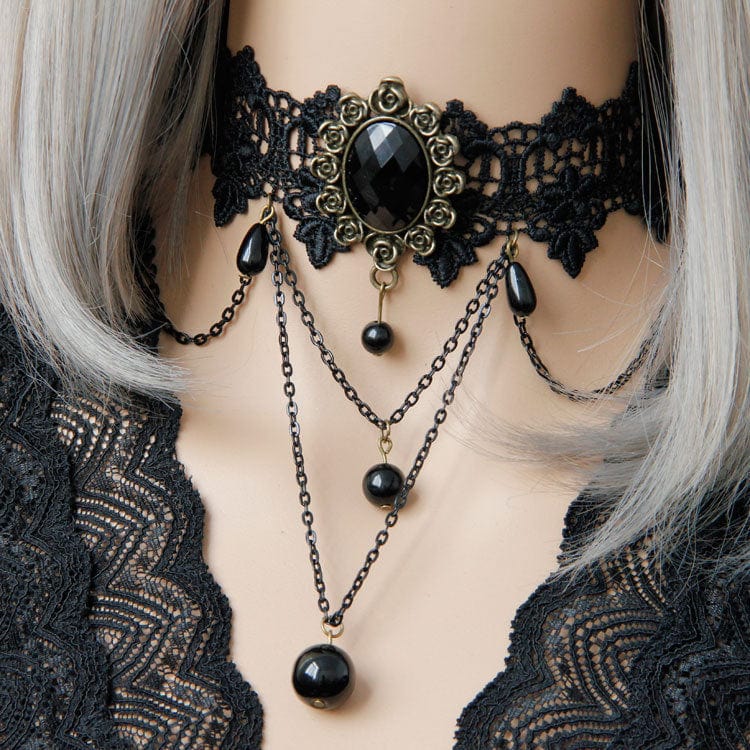 Women's Gothic Bead Lace Choker with Chain - Punk Lovers