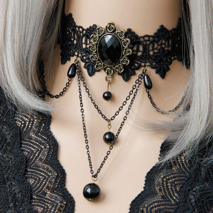 Women's Gothic Bead Lace Choker with Chain - Punk Lovers