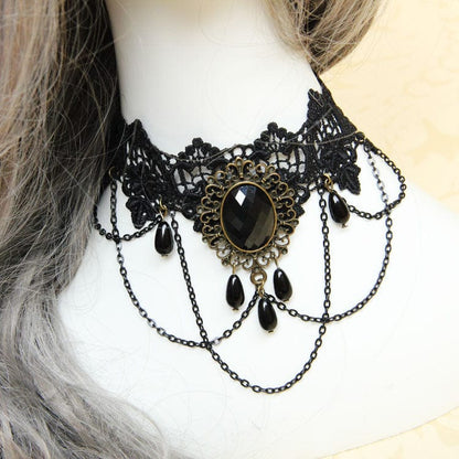 Women's Gothic Diamante Lace Choker with Chain - Punk Lovers