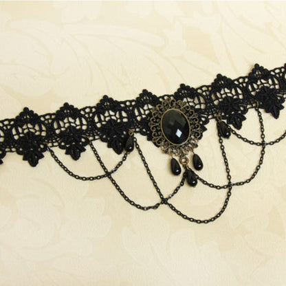 Women's Gothic Diamante Lace Choker with Chain - Punk Lovers