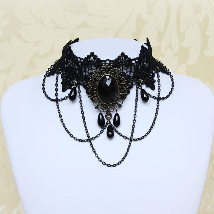 Women's Gothic Diamante Lace Choker with Chain - Punk Lovers
