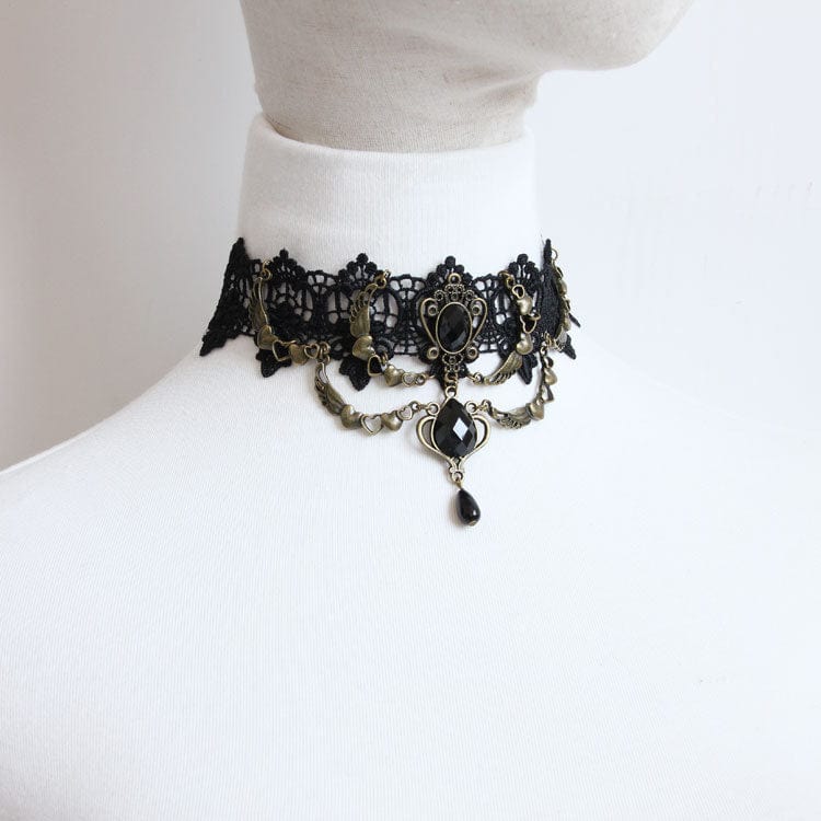 Women's Gothic Diamante Lace Choker with Heart Chain - Punk Lovers