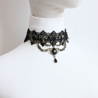 Women's Gothic Diamante Lace Choker with Heart Chain - Punk Lovers