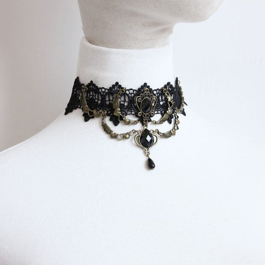 Women's Gothic Diamante Lace Choker with Heart Chain - Punk Lovers