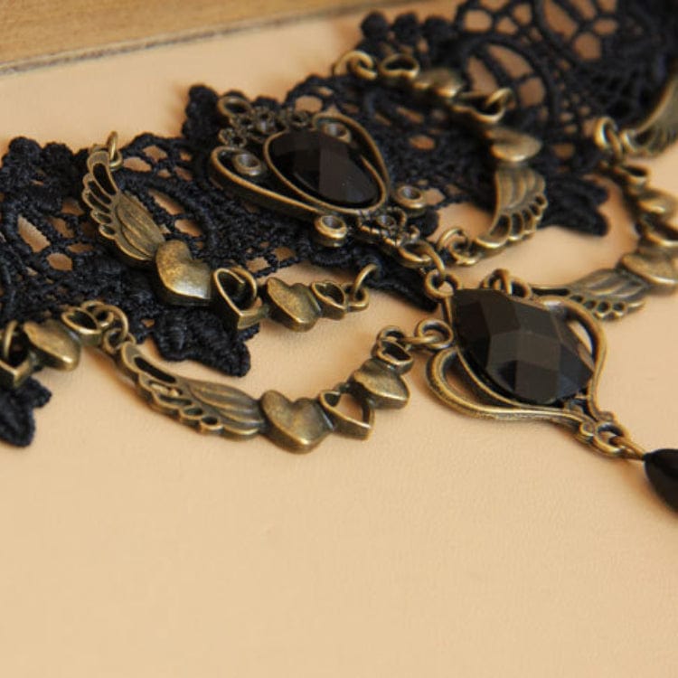 Women's Gothic Diamante Lace Choker with Heart Chain - Punk Lovers