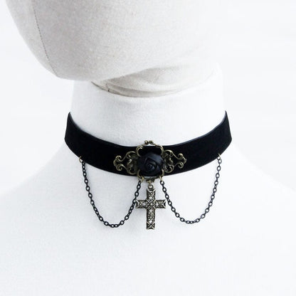 Women's Gothic Rose Cross Choker with Chain - Punk Lovers