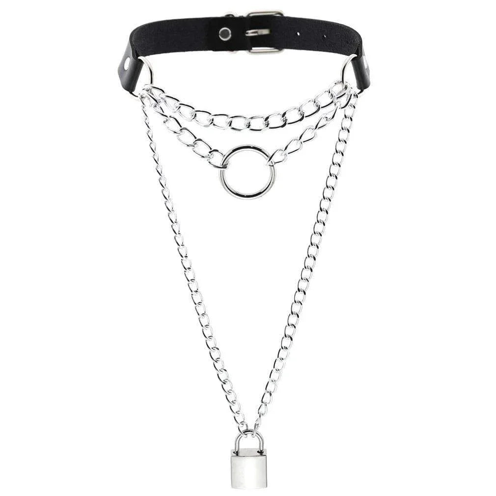 Women's Metal Chain Faux Leather Choker With Lock&Key - Punk Lovers
