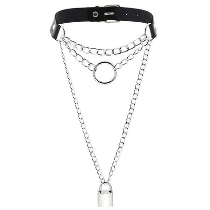 Women's Metal Chain Faux Leather Choker With Lock&Key - Punk Lovers