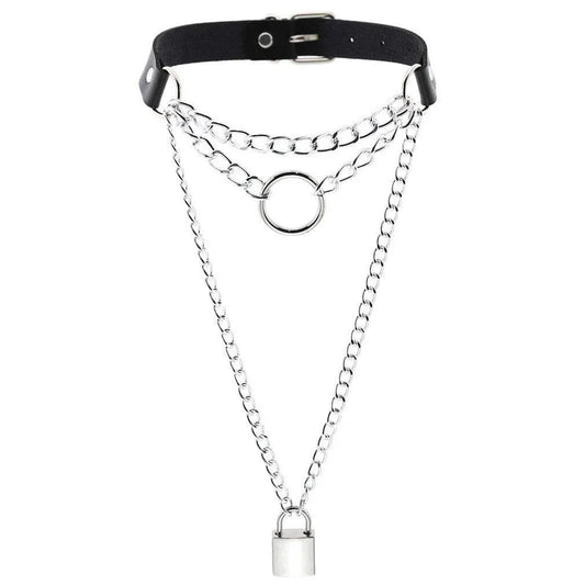 Women's Metal Chain Faux Leather Choker With Lock&Key - Punk Lovers