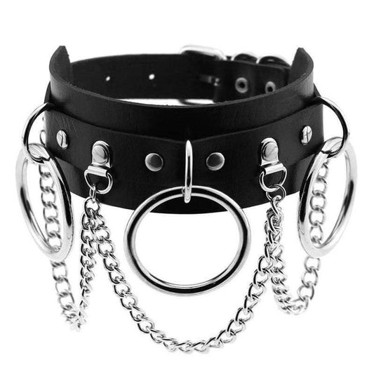 Women's Punk Metal Chains Faux Leather Wide Choker With Three Rings - Punk Lovers