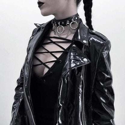 Women's Punk Metal Chains Faux Leather Wide Choker With Three Rings - Punk Lovers
