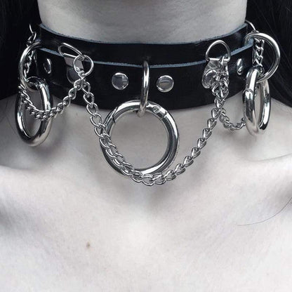 Women's Punk Metal Chains Faux Leather Wide Choker With Three Rings - Punk Lovers