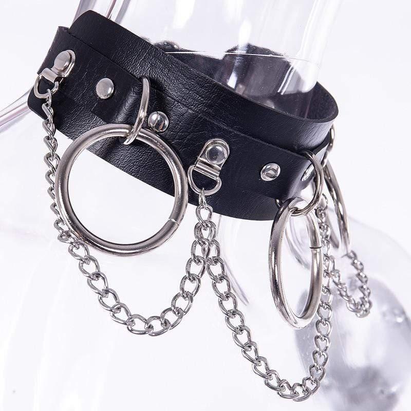 Women's Punk Metal Chains Faux Leather Wide Choker With Three Rings - Punk Lovers