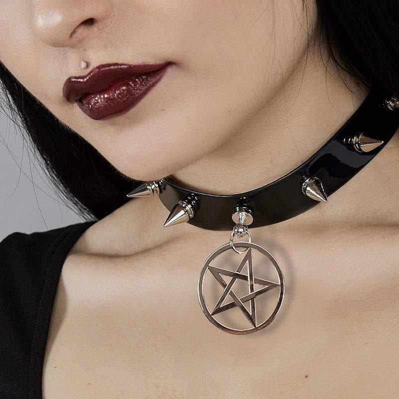 Women's Rivets Pentacle Pendant PU Chokers - Punk Lovers