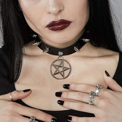 Women's Rivets Pentacle Pendant PU Chokers - Punk Lovers
