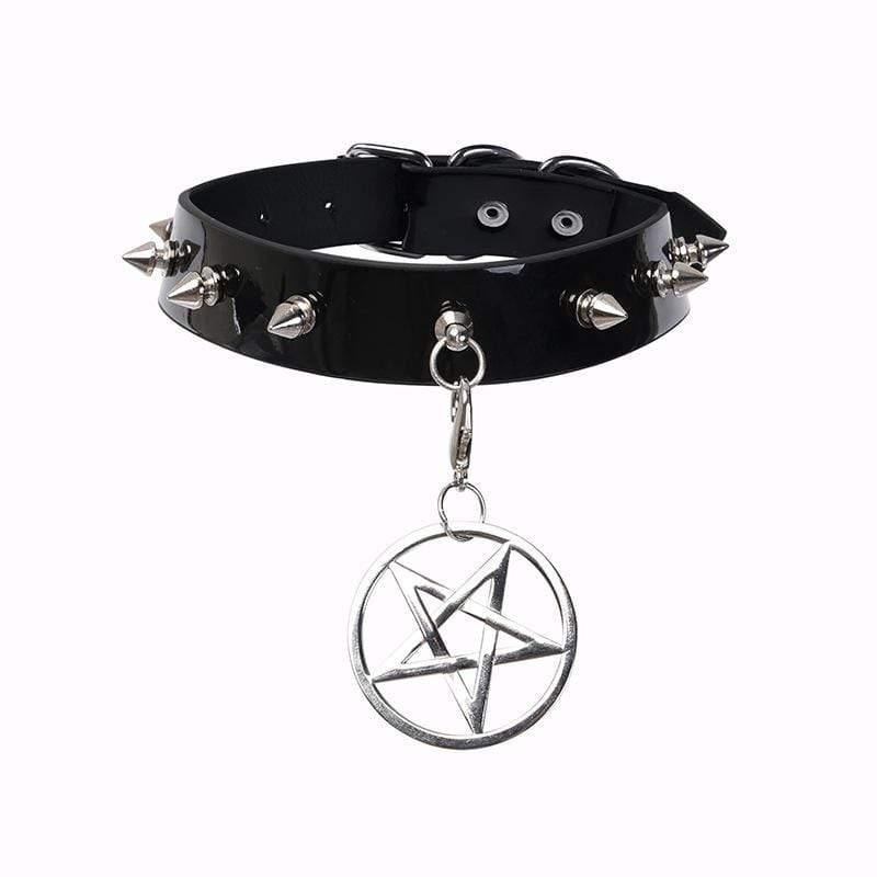 Women's Rivets Pentacle Pendant PU Chokers - Punk Lovers