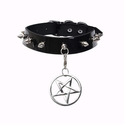 Women's Rivets Pentacle Pendant PU Chokers - Punk Lovers