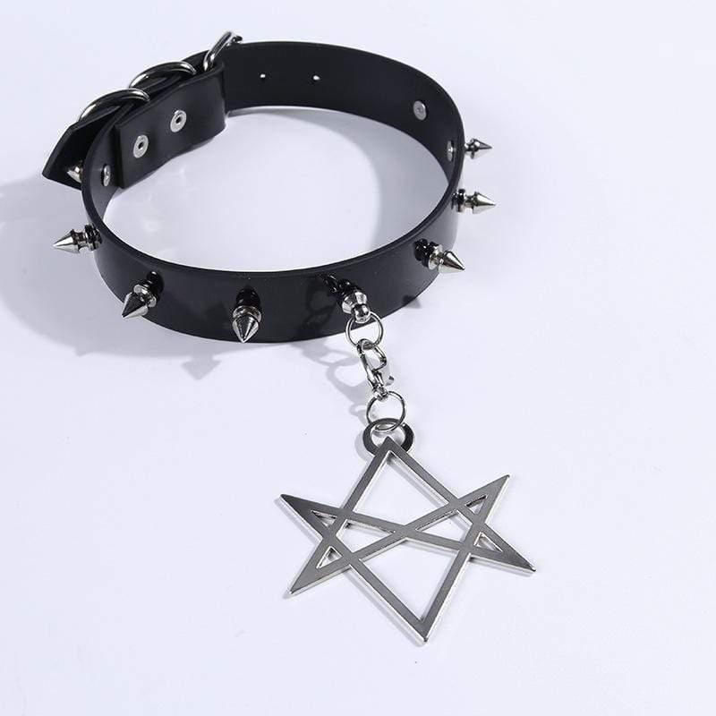 Women's Rivets Pentacle Pendant PU Chokers - Punk Lovers