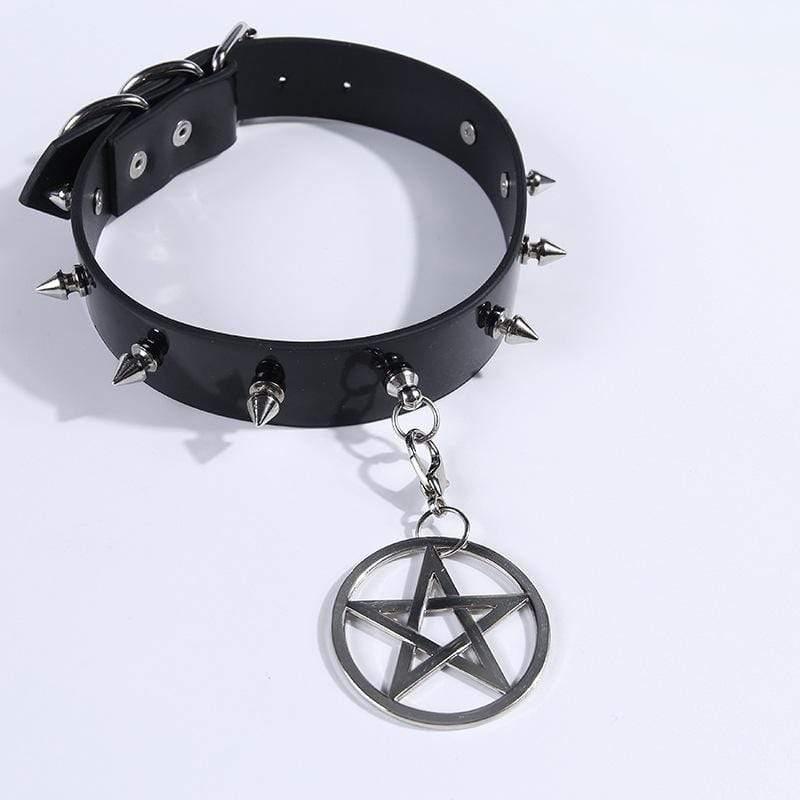 Women's Rivets Pentacle Pendant PU Chokers - Punk Lovers
