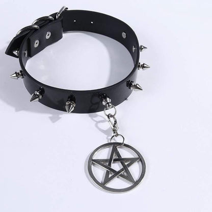 Women's Rivets Pentacle Pendant PU Chokers - Punk Lovers