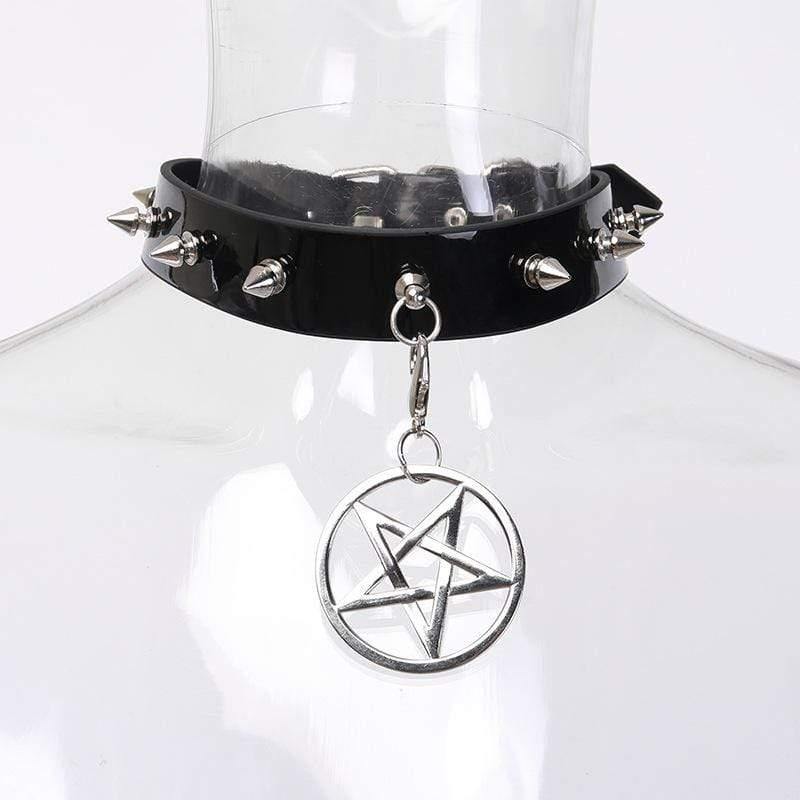 Women's Rivets Pentacle Pendant PU Chokers - Punk Lovers