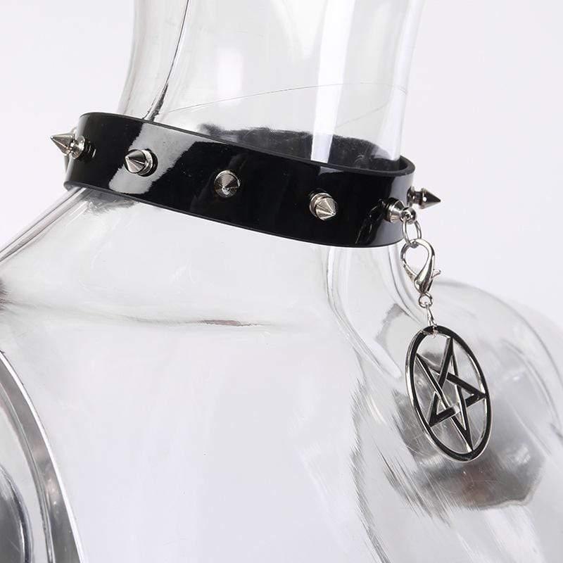 Women's Rivets Pentacle Pendant PU Chokers - Punk Lovers
