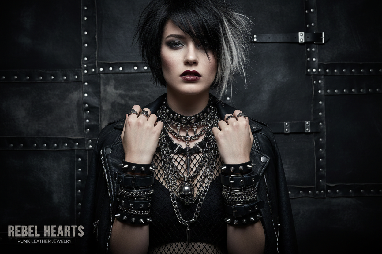 想做跨境punk皮革风格的项链手镯饰品产品的独立站，能不能按照shopify的尺寸做几组有真人的banner图片，人物最好是外国人